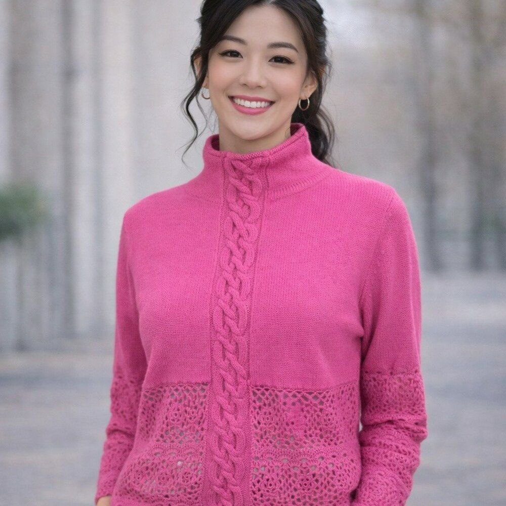 Obermeyer Signature Cable and CrochetWool Knit Sweater Womens M Pink